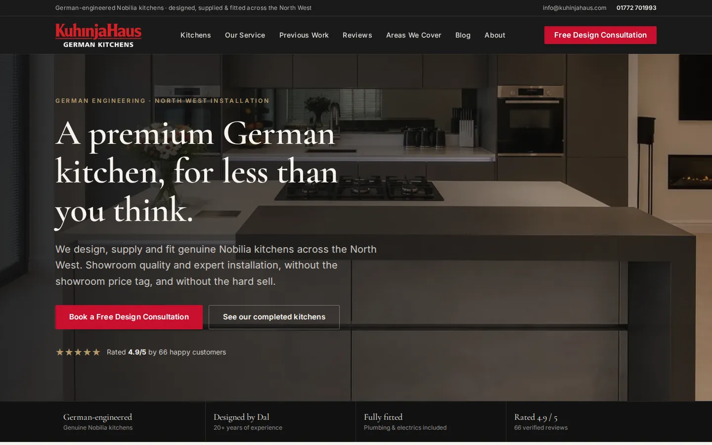 The KuhinjaHaus homepage, a dark kitchen photograph behind the headline "A premium German kitchen, for less than you think"