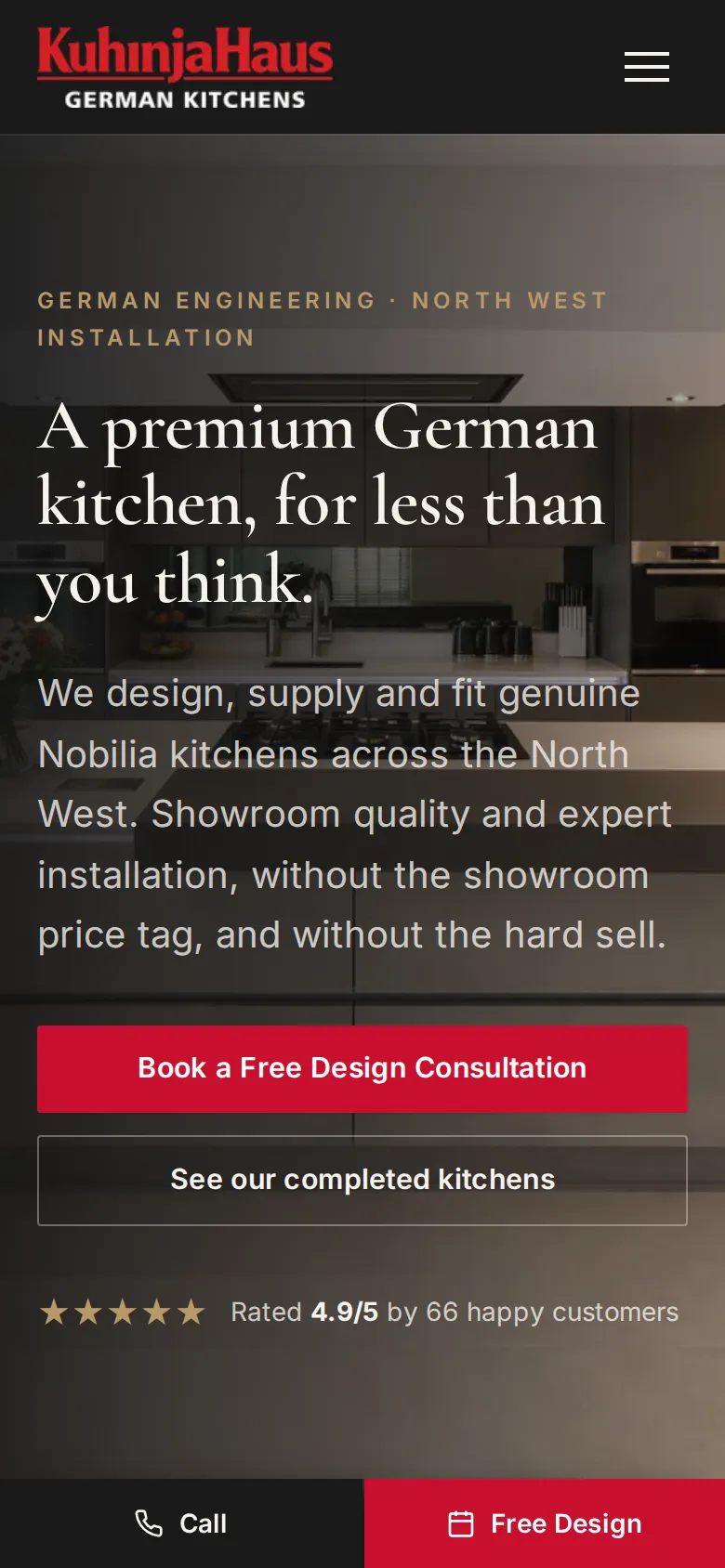 The KuhinjaHaus homepage on a phone, with Call and Free Design buttons fixed to the bottom of the screen
