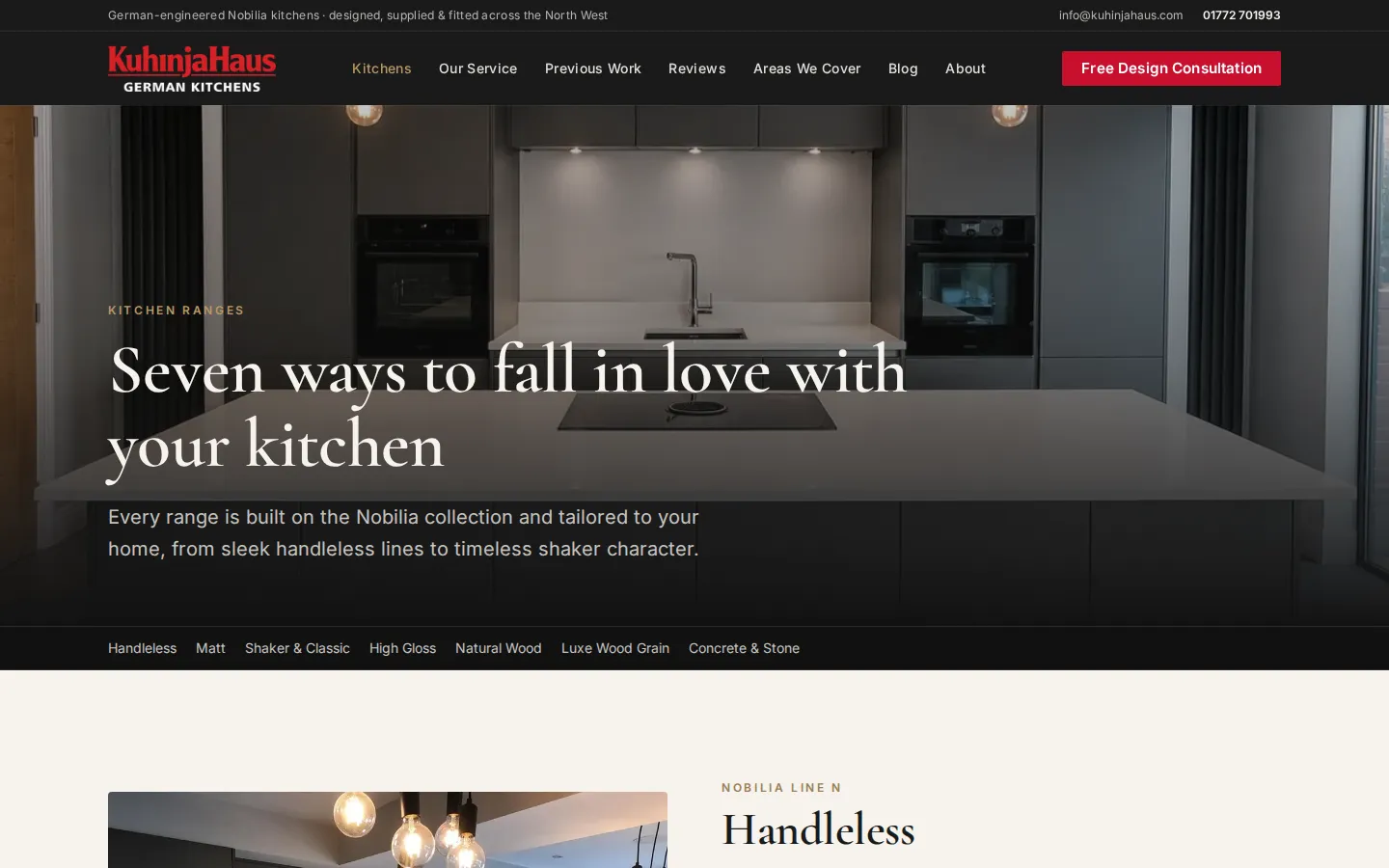 The KuhinjaHaus kitchen ranges page with a row of style filters under the heading "Seven ways to fall in love with your kitchen"