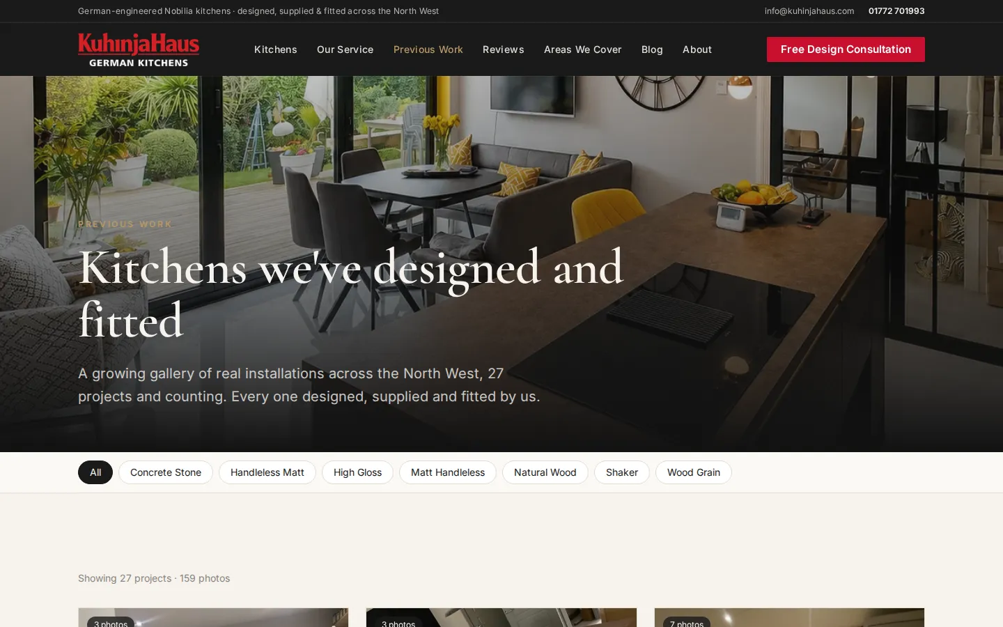 The KuhinjaHaus previous work page with filter buttons for each kitchen style