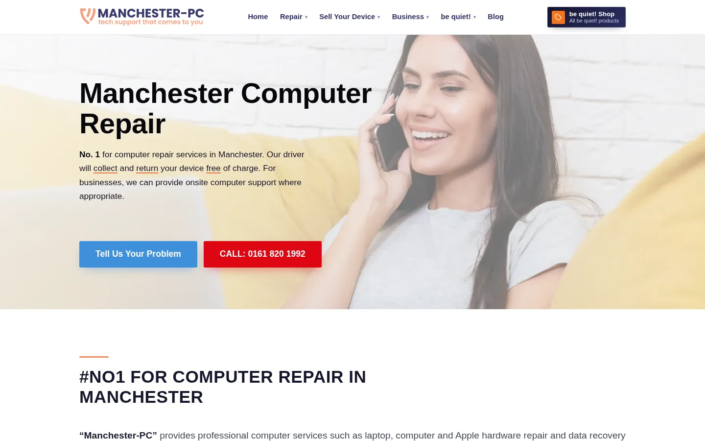 The Manchester PC homepage with the heading "Manchester Computer Repair" and buttons to describe your problem or call