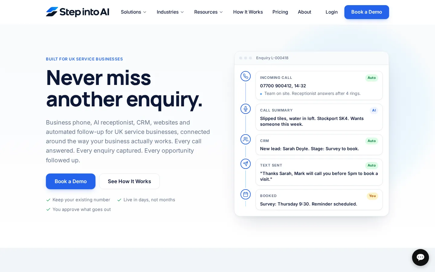 The Step Into AI homepage with the headline "Never miss another enquiry" beside an illustrated enquiry timeline