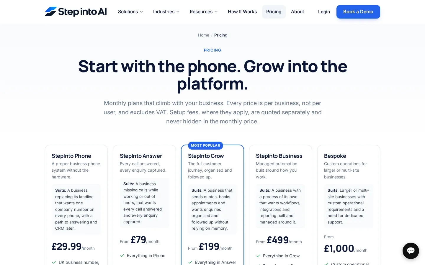 The Step Into AI pricing page with plan cards